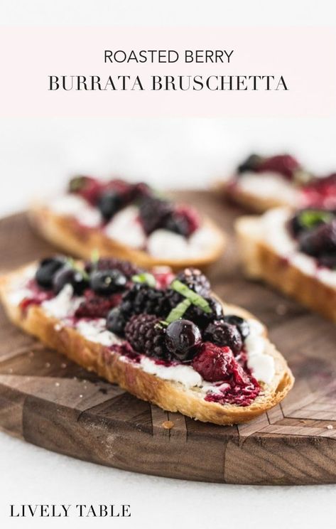 Roasted berries and creamy burrata cheese are a delicious combination atop crisp sourdough toast in this Balsamic Roasted Berry Bruschetta with Burrata. It's a simple summer appetizer that can be made quickly for guests! (#nutfree) #bruschetta #appetizer #berries #summer #recipes #burrata Bruschetta Appetizer, Burrata Recipe, Simple Appetizer, Sourdough Toast, Burrata Cheese, Bruschetta Recipe, Summer Appetizer, Appetizer Bites, Party Appetizers