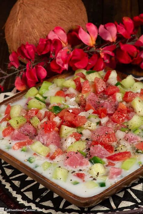 Samoan fish salad is called oka i'a.  It is like a ceviche wih coconut milk. #oka #samaonfishsalad #fishsalad #samoancuisine #samoanfood #samoa Samoan Oka Recipe, Samoan Food Recipes Dishes, Oka Recipe, Samoan Recipes Authentic, Samoan Dishes, Fijian Recipes, Samoan Recipes, Tongan Food, Samoan Food