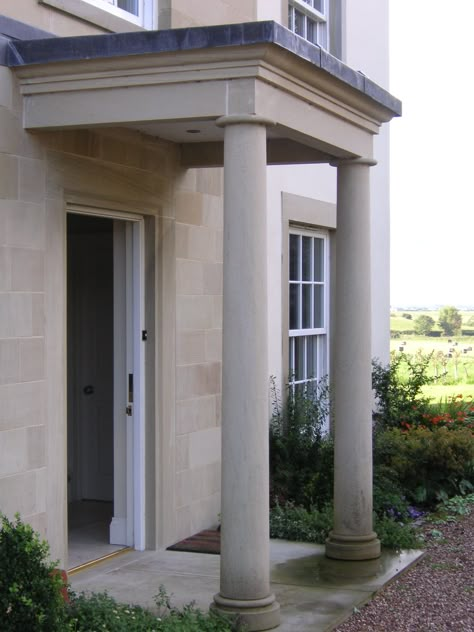 Portico Pillar Design, Front Door Pillars Entrance, Stone Portico Front Entrances, Round Columns On Front Porch, Stone Pillars Porch, Pillars Front Porch, Stone Porch Columns, Porch With Pillars, Stone Portico