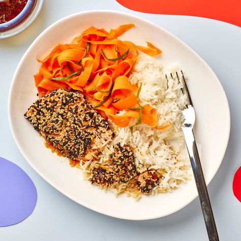 Sesame-Crusted Salmon Bowls Recipe | Bon Appétit Sesame Crusted Salmon, Salmon Noodles, Cheesy Corn Casserole, Salmon Bowls, Epicurious Recipes, Steak Wraps, Ginger Salmon, Carrot Vegetable, Seafood Rice