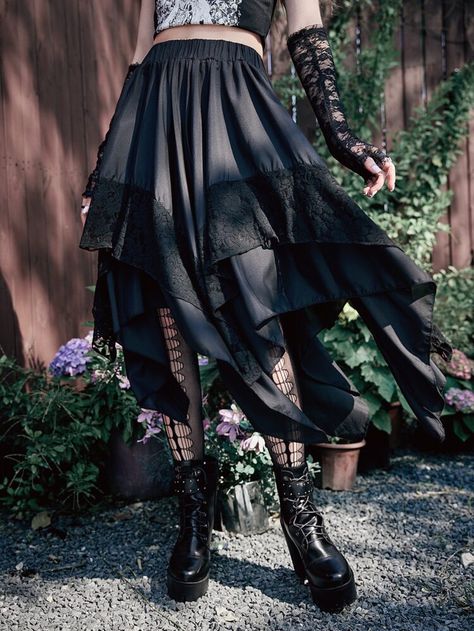 Is That The New Goth Asymmetrical Hem Contrast Lace Skirt ??| ROMWE USA Layered Witch Skirt, Witchy Layered Skirt, Diy Witch Skirt, Dark Fae Aesthetic Clothes, Witchy Clothing Aesthetic, Witch Clothes Aesthetic, Hippy Goth Outfits, Goth Fashion Casual, Wimsey Goth Outfit