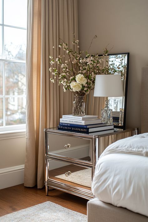 Mirrors Behind Lamps On Nightstands, Bed Side Mirror Ideas, Mirrors On Nightstand, Mirror Nightstand Bedroom Decor, Mirror Above Nightstand, Mirrored Furniture Bedroom, Mirrors Behind Nightstand Ideas, Mirror Behind Nightstand, Mirrored Nightstand Bedroom