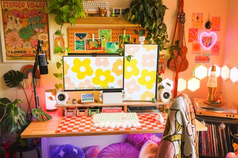 Shop my setup! Boho Pc Setup, Indie Pc Setup, Maximalist Pc Setup, Maximalist Gaming Setup, Computer Desk Setup Aesthetic, Cottagecore Gamer Setup, Aesthetic Desk Setup Maximalist, Corner Desk Setup, Tech Home Office