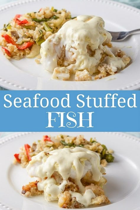 Feeling stuck about what to make for dinner?  This seafood stuffed fish satisfies on so many levels.  Not only is it so flavorful but it's easy to make!  It's a white fish with a scallop and shrimp stuffing and topped with a sour cream sauce. #seafood #stuffedwhitefish #stuffedcod #dishesdelish Seafood Stuffed Fish, Seafood Topping For Fish, Fish With Shrimp Topping, Stuffed White Fish, Stuffed Cod Recipes, Stuffed White Fish Recipes, Stuffed Fish With Shrimp, Fish Stuffing Recipes, White Cream Sauce For Fish