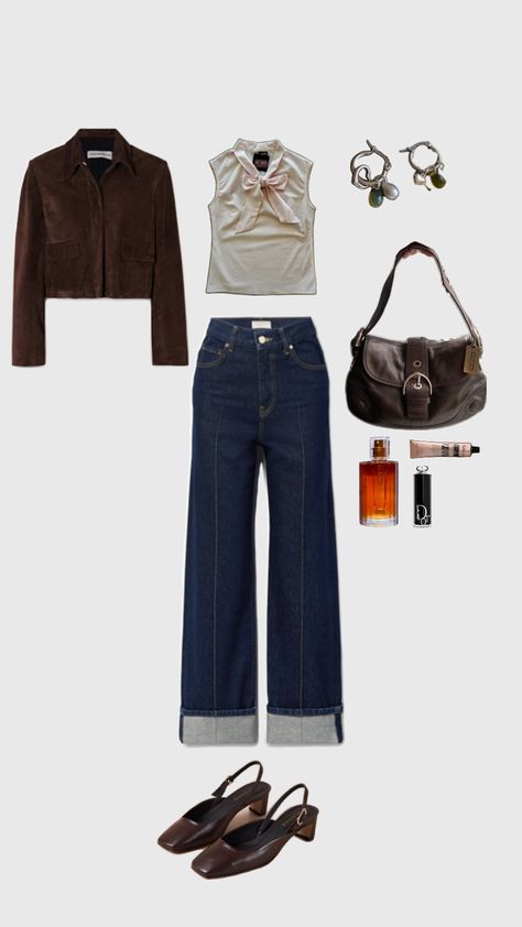 Brown cropped jacket and bag, blue jeans and a sleeveless blouse Outfit With Blouse, Blouse And Jeans Outfit, Sling Back Heels, Heels Outfits, Smart Casual Outfit, Jeans Outfit, Sling Back, Smart Casual, Casual Outfit