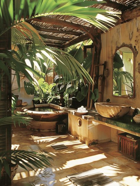 Tropical Bathrooms: Exotic Plant Print Wallpaper Bathroom Jungle Theme, Tropical Bathroom Decor Ideas, Garden Bathroom Ideas Tropical, Tropical Room, British Colonial Bathroom, Outdoor Shower Tropical, Tropical Houses Interior, Outdoor Bathtub Tropical, Bali Jungle House