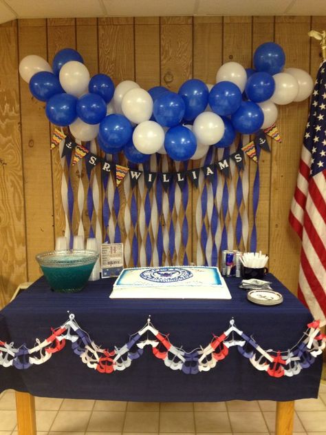 Navy going away party decorations | Party on a dime | Pinterest Basic Training Send Off Party, Navy Farewell Party Boot Camp, Boot Camp Send Off Party, Navy Send Off Party Ideas Boot Camp, Coast Guard Party Ideas, Boot Camp Graduation Party, Coast Guard Boot Camp, Us Navy Party, Navy Party Themes