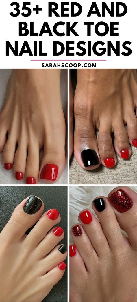 Get inspired by these 35+ incredible red and black toe nail designs. Perfect for making a bold statement or upgrading your everyday look!❤️🖤 #NailDesigns #NailArt #Nails Red And Black Pedicure Ideas, Black And White Pedicure Ideas, Red And Black Gel Nails Ideas, Black And Red Toenails, Red And Black Toe Nails, Red Nails Black Tips, Alabama Football Nails, Black Toe Nail Designs, Red And Black Nails Ideas