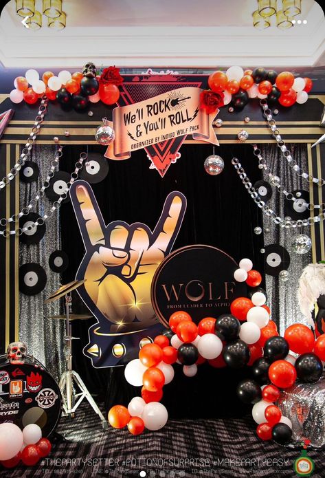 Acdc Theme Party, Rock And Roll Cheer Theme, Rock Band Party Decorations, Musician Party Theme, Rock Roll Decor Party, Rock N Roll Gala, Rock And Roll Float Ideas, Rock Roll Theme Party, Rock N Roll Theme Birthday Party