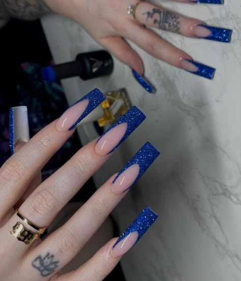 Navy Blue French Tip Acrylic Nails Long, Navy Iridescent Nails, Dark Blue Acrilyc Nails, Navy Blue Long Acrylic Nails, Blue Nails Ideas Glitter, Royal Blue Glitter French Tip Nails, Blue Long French Tip Nails, Blue Prom Acrylic Nails, Blue Nails Dramatic