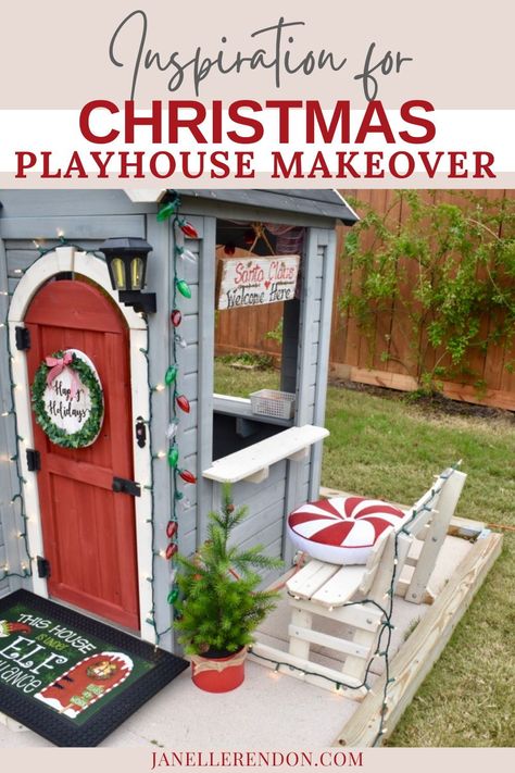 Create the ultimate Christmas playhouse for your little ones with these decorating ideas! This guide shows you how to transform a simple playhouse into a festive, winter wonderland with garlands, twinkling lights, and cute holiday decor. Decorating Playhouse For Christmas, Kids Playhouse Decor, Christmas Playhouse, Little Tikes Playhouse Makeover, Kids Playhouse Makeover, Painted Playhouse, Gingerbread Playhouse, Simple Playhouse, Playhouse Decor