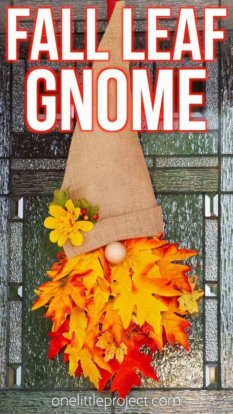 This fall gnome wreath is SO CUTE! Make a burlap gnome hat and create a beard out of autumn leaves to make this fall wreath. It's such a fun fall craft for teens, adults, and seniors. Hang your gnome wreath on the front door or above the mantle for a Halloween or Thanksgiving decoration! Fall Gnome Wreath, Fall Crafts For Adults, Autumn Leaves Craft, Gnome Wreath, Fall Leaf Wreaths, Fall Decor Wreaths, Fall Decor Diy Crafts, Fun Fall Crafts, Fall Arts And Crafts