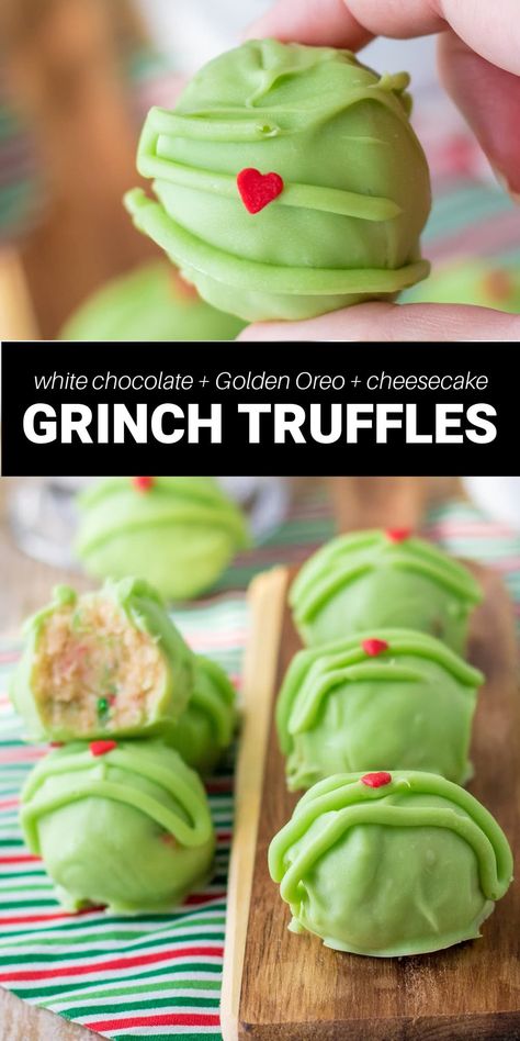 These adorable Grinch truffles are a fun and delicious addition to any Christmas gathering. With rich golden Oreo cream cheese filling and a sweet and creamy chocolate coating, these easy treats are decadent enough to satisfy any sweet tooth. Grinch Truffle Balls, Grinch Oreo Truffles, Christmas Tree Cake Truffles, Grinch Christmas Desserts, Grinch Oreo Balls, Grinch Truffles, Grinch Balls, Grinch Cakes, Quick Christmas Treats