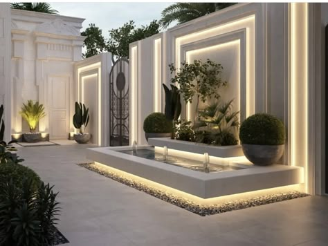 Privacy Wall Water Feature, Classic Yard Design, Villa Entrance Landscape, Villa Garden Design Landscaping, Elegant Mansion Exterior, Boundary Wall Design Exterior, Modern Garden Wall Design, Compound Wall Design, Luxury Landscaping