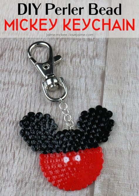 Perler Bead Mickey Mouse Keychain DIY Craft - Love, Jaime Perler Bead Keychain, Mickey Mouse Keychain, Keychain Tutorial, Pony Bead Projects, Disney Keychain, Craft Ideas To Sell, Craft Projects For Adults, Diy Crafts Love, Bead Keychain