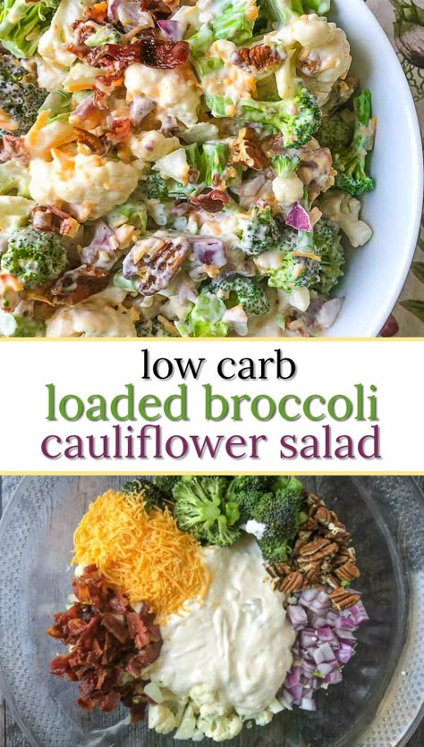 This loaded low carb broccoli cauliflower salad is a great dish to take to a summer picnic or party. Easy to make, this keto broccoli salad is full of bacon cheese and other delicious ingredients mixed in a mayo based sugar free dressing. On serving has only 1.9g net carbs per serving! #broccolisalad #cauliflowersalad #baconbroccolisalad #ketorecipes #lowcarbrecipes #summersalad #loadedsalad #picnicsalad #bacon Loaded Broccoli Cauliflower Salad, Broccoli And Cauliflower Salad, Sugar Free Dressing, Keto Broccoli Salad, Low Carb Broccoli, Loaded Broccoli, Broccoli Cauliflower Salad, Salad Kale, Keto Broccoli