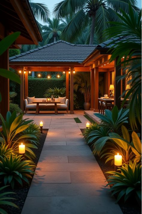 Aerial view of tropical patio with tiki torch-lined path and illuminated seating area Tropical Hotel Room, Tropical Landscape Lighting, Backyard Patio Lighting, Tropical Courtyard, Courtyard Lighting, Patio Lighting Ideas, Tropical Hotel, Unique Backyard, Tropical Patio