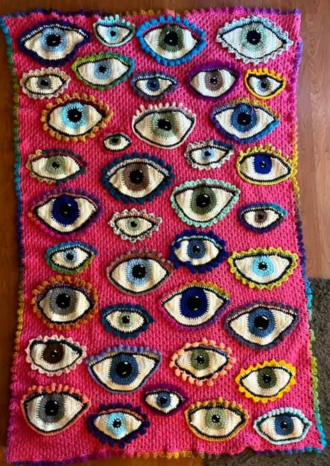 Crochet Eye Blanket, Crochet Eye Blanket Pattern, Eye Crochet Blanket, Eye Blanket Crochet, Crochet Eyeball Sweater Pattern, Crochet Eyeball Blanket, Eye Ball Crochet, Trippy Crochet, Eyeball Crochet