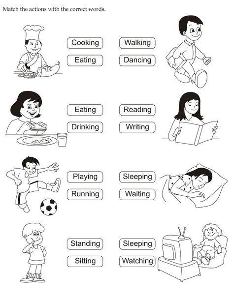 Match the actions with the correct words Action Words Worksheet, Action Words For Kids, English Activity, English Worksheets For Kindergarten, Grammar For Kids, English Teaching Materials, Kindergarten Reading Worksheets, Activity Worksheet, English Activities For Kids