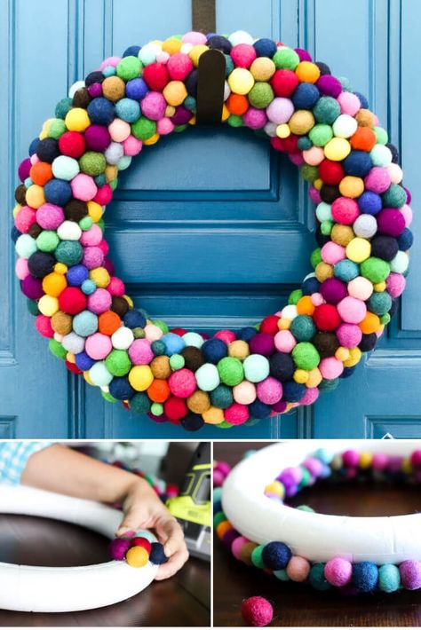 Felt Ball Wreath, Pom Wreath, Snowman Crafts Diy, Holiday Diy Projects, Ball Wreath, Easy Diy Wreaths, Diy Snowman, Pom Pom Crafts, Felt Balls