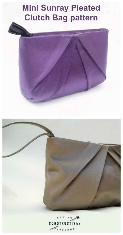 Clutch bag sewing pattern. This clutch bag to sew has a sunken recessed zipper closure and a pretty pleated design. Sew a clutch bag or add the optional strap for a wristlet bag to sew. Sewing pattern for a DIY clutch bag or evening bag with a pleated front and wristlet strap. #SewABag #BagSewingSupplies #SewAClutchBag Evening Bag Sewing Pattern, Diy Clutch Bag, Clutch Sewing, Recessed Zipper, Clutch Bag Pattern, Fancy Clutch, Sew Bags, Bag Tutorials, Clutch Pattern