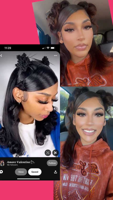 #twobunstyles #hair #buns 2 Buns With Hair Down, 2 Buns With Swoop, Weave Bun, 2 Buns Hairstyle, 2 Buns, Two Buns, Curly Weaves, Hair Buns, Down Hairstyles