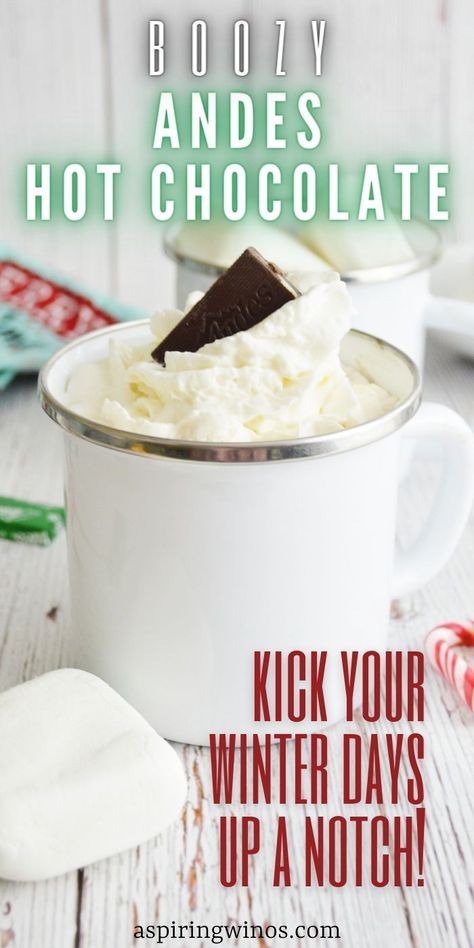 Andes Candy Cocktail | Andes Mint Cocktail | Mint Cocktail | Hot Chocolate Cocktails | Hot Cocoa Cocktail | Minty Chocolate Drink | Andes Mint Alcohol Drink | Alcohol Infused Hot Chocolate | Boozy Hot Chocolate Recipe | #hotchocolate #andes #mint #recipe #cocktail #wintercocktail Mint Hot Chocolate Recipe, Hot Christmas Drinks, Crock Pot Hot Chocolate Recipe, Cider Cocktail Recipes, Hot Chocolate Cocktail, Boozy Hot Chocolate, Mint Drink, Mint Cocktails, Andes Mint