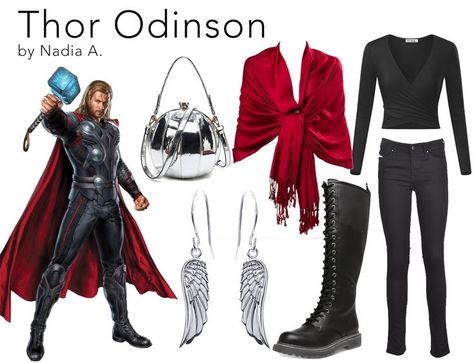 Marvel, Disney, Disneybound, Outfit, Fashion, MCU, Avengers, Red, Winged Earrings, Metallic Silver, Black/Dark Gray, Heroes Thor Inspired Outfits, Thor Whispers, Thor Girl, Disneybound Outfits, Marvel Fashion, Disney Couple, A Png, Disney Bound Outfits, Mouse Ears Headband