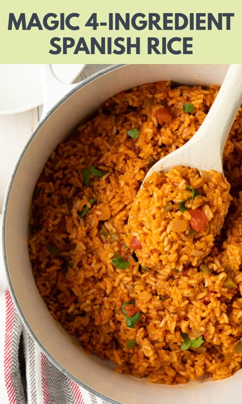 4-Ingredient Spanish Rice Recipe - The easiest and most flavorful version of authentic Mexican Rice (Arroz Rojo) with only 4 simple ingredients. #spanishrice #mexicanrice #sidedish #ricerecipe #aspicyperspective Airfryer Rice, Storm Food, Easy Spanish Rice Recipe, Mexican Potluck, Easy Spanish Rice, Rice Spanish, Homemade Spanish Rice, Spanish Rice And Beans, Rice Mexican