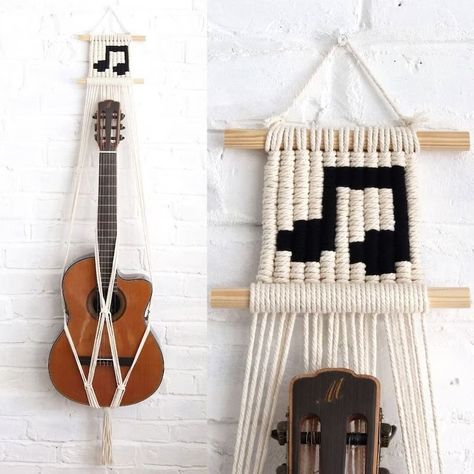 Guitar Hanger Macrame, Macrame Music Note, Macrame Guitar Hanger, Homemade Guitar, Music Note Design, Guitar Wall Mount, Guitar Holder, Guitar Wall Hanger, Guitar Hanger