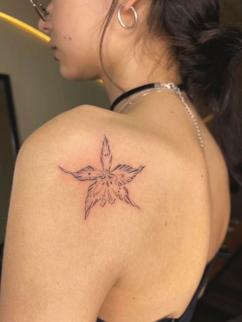 Flower Nape Tattoo, Alopecia Tattoo Ideas, Tattoo Ideas Orchid, Asiatic Lily Tattoo, Small Upper Arm Tattoo, Small Body Tattoos, Flower Sternum Tattoo, Orchid Flower Tattoo, Female Body Tattoo