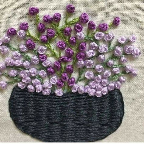 Embroidery Flowers French Knot, Flower Basket Embroidery Design, Embroidery Basket Of Flowers, Frenchnot Embroidery Design, French Knot Stitch Embroidery Designs, French Knot Flower Embroidery Designs, French Knots Embroidery Designs, Overcasting Stitch Embroidery Designs, Basket Stitch Embroidery