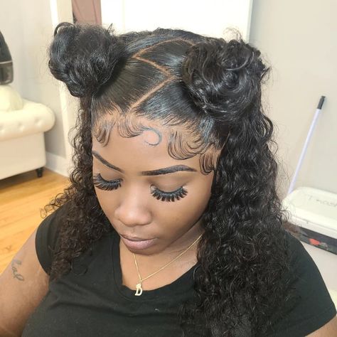 Deepwave Frontal wig styled with 2 buns, zig zag parting Zig Zag Part Space Buns, Two Buns Frontal Wig, Space Buns Zig Zag Part, Curly Hairstyles Zig Zag Part, Zig Zag Frontal Wig, Zig Zag Bun Y2k, 2 Braids Zig Zag Part, Zig Zag Wig Part, Hair Zig Zag