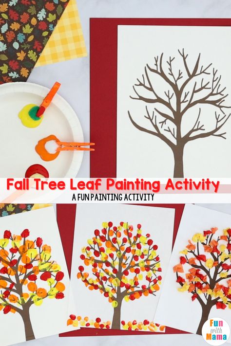 Fall Tree Q Tip Painting, Fall Painting Kindergarten, Fingerprint Fall Tree, Autumn Finger Painting, Qtip Fall Tree Painting, Q Tip Fall Tree Painting, Fall Paint Projects For Kids, Leaf Artwork For Kids, Fall Tree Painting For Kids