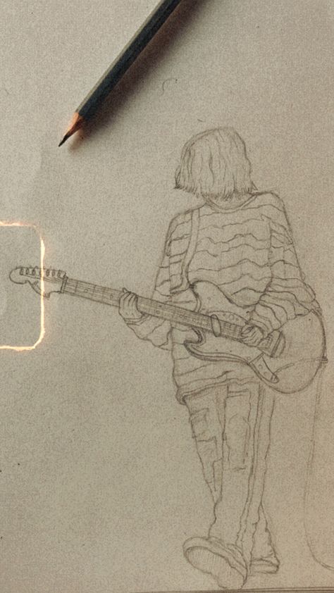 How To Draw Kurt Cobain, Kurt Cobain Drawing Easy, Kurt Cobain Art Drawing, Deftones Sketch, How To Draw Guitar, Kurt Drawing, Kurt Cobain Drawing Sketch, Guitar Drawing Art, Nirvana Sketch