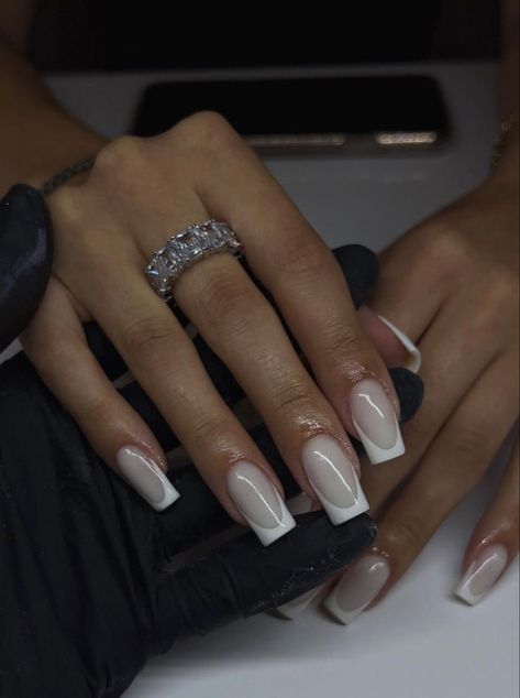 Square Nails Natural Classy, Glossy White French Tip Nails, Pure White Nails With Design, Square Milky French Nails, White And Grey French Nails, White Milky Nails With Glitter, Square Acrylic Nails White Tip, White Almost Nails, White French On White Nails