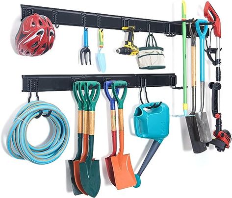 Tool organizer storage system includes 15 different hooks to store all your tools like shovels, brooms, bikes, bags, towels, etc. Total length is 119 inches, suitable for garage, basement, shed, etc. Garden Tool Organizer, Garage Organizer, Garage Hooks, Garage Storage Racks, Garage Tool Organization, Garden Tool Organization, Garage Tool Storage, Yard Tools, Garage Organize