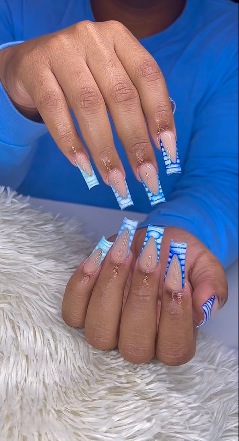 Blue Acrylic Nail Designs Ideas, Short Blue Acrylic Nails Designs, Blue Freestyle Acrylic Nails, Blue Nail Sets Acrylic, Long Nail Designs Blue, White And Blue Acrylics, Blue Nails And Toes, Blue Nail Sets, Blue Nails Acrylic Design