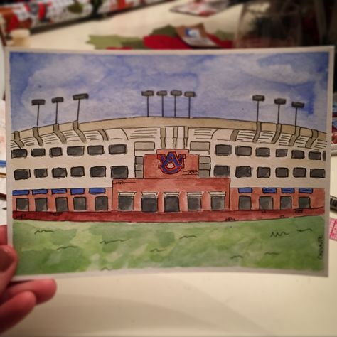 Auburn University's Football Stadium original water color painting 5x7 Auburn Canvas Paintings, Auburn Painting, College Paintings, Nola Cooler, Auburn Gameday, Cornhole Board Ideas, Football Paintings, City Outline, Ole Miss Football