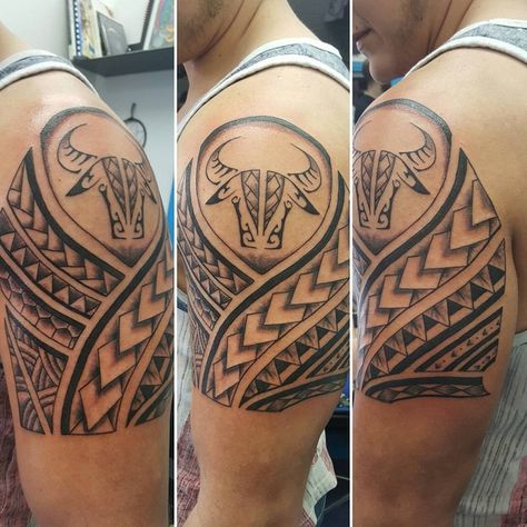 Taurus Tattoo Designs, Upper Arm Tattoos For Guys, Tattoos Polynesian, Taurus Bull Tattoos, Sleeve Tattoos For Men, Unique Half Sleeve Tattoos, Taurus Tattoo, Tattoos Infinity, Filipino Tattoos