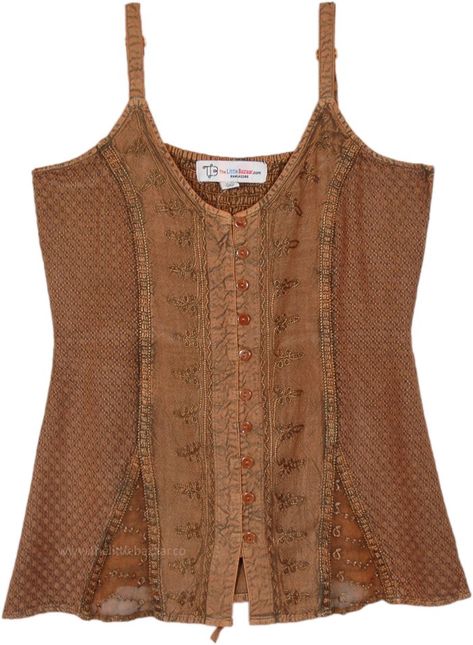 A gorgeous lustrous brown scooped v-neck soft rayon top. It`s in a tank top style with some delicate embroidery featured all over and all buttoned style. #tlb #Embroidered #bohemianfashion #Haltertop #fairytop #renaissancetop #oldstyletop 1970s Tops Women, Cute Brown Shirts, Whimsigoth Tank Top, Brown Tank Top Outfit, Earthcore Outfits, Hippy Tops, Indie Tank Top, Earthy Aesthetic Fashion, Brown Top Outfit