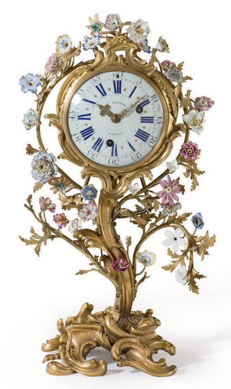 A FRENCH ORMOLU AND PORCELAIN MANTEL CLOCK | 19TH CENTURY, THE DIAL AND MOVEMENT 18TH CENTURY AND BY JEAN-BAPTISTE BAILLON, SOME PORCELAIN FLOWERS POSSIBLY 18TH CENTURY | mantel, Clocks | Christie's Antique Mantel Clocks, Unusual Clocks, Classic Clocks, French Rococo, Cool Clocks, Old Clocks, Mantel Clocks, Antique Clock, Old Watches