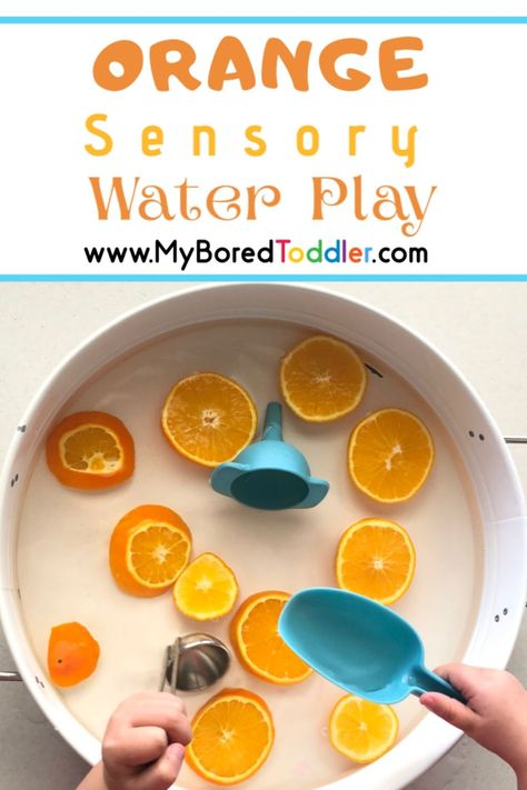 Orange Sensory Water Play: we took our familiar water play and took it to another level – we added fresh oranges and had a blast. Orange Toddler Activities, Orange Preschool Activities, Orange Activities For Preschool, Fruit Sensory Bin, Fruit Activities For Toddlers, Daycare Job, Vpk Activities, Sensory Water Play, Fruit Activities