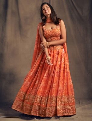 Orange Color Wedding, Engagement Lehenga, Wedding Lehenga Choli, Bridesmaid Lehenga, Lehenga Choli For Women, Choli For Women, Organza Lehenga, Floral Lehenga, Navratri Chaniya Choli