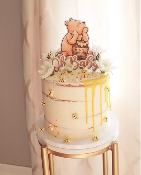 Winnie The Pooh Themed Cake, Muted Winnie The Pooh Baby Shower Ideas, Winnie Pooh Baby Shower Cake, Pooh Bear Cake Ideas, Baby Winnie The Pooh Cake, Pooh Gender Reveal Cake, Pooh Bear Baby Shower Cake, Bare Cake, Chocolate Baby Shower Cake