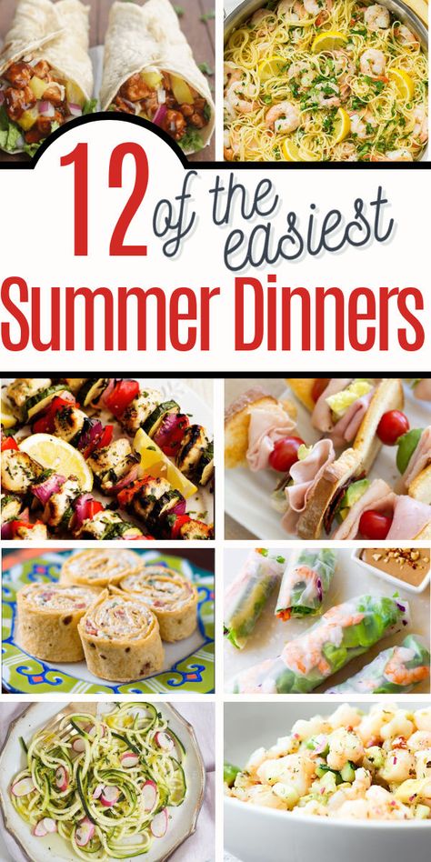 These 12 easy Summer dinner ideas for families are perfect for busy weeknights! Make these easy recipes without heating the house up on those hot summer days. No oven required and these go together in no time. #Weeknightrecipes #easydinners #simpledinners #noovenmeals #easyrecipes Dinner For House Guests, Dinner Ideas For Summer Nights, Rainy Summer Dinner Ideas, Summer Dinner Ideas Stovetop, Lite Summer Dinner Recipes, Cool Dinners For Hot Days, Food For Hot Days, No Oven Dinners, Cold Dinner Ideas For Hot Days