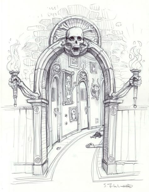 "The Haunted Hallway" original illustration from Scary School by Scott M. Fischer available at the R.Michelson Galleries. Scary Map Drawing, Haunted House Interior Illustration, Inside A Castle Drawing, Magic Door Drawing, Haunted House Hallway, Hallway Reference, Hallway Illustration, Portals Drawing, Haunted House Interior