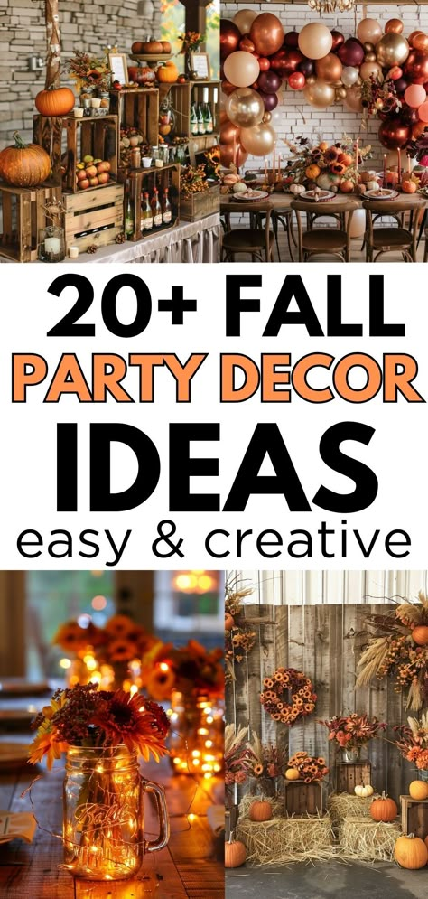 Amazing fall party decor ideas for your next fall party. Whether you are having an outdoor fall event or an indoor dinner party, these fall decoration ideas are sure to inspire. Fall home decor, fall party decor, even ideas for fall party gifts that can also be decorations. You will find it all! Rustic Fall Party Ideas, Fall Retirement Party Decorations, Fall Party Decorating Ideas, Fall Bbq Party Decorations, Autumn Dance Decorations, Autumnal Party Decor, Fall Party Photo Booth, Elegant Fall Party Decor, Fall Womens Conference Decor