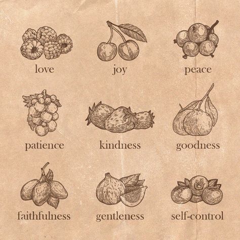 Fruit Of The Spirit Graphic, Fruit Of The Spirit Drawing, Fruits Of The Spirit Aesthetic, Fruit Of The Spirit Aesthetic, Fruit Of The Spirit Tattoo Ideas, Fruits Of The Spirit Tattoo, Verse Graphic Design, Fruit Of The Spirit Wallpaper, Fruit Of The Spirit Tattoo