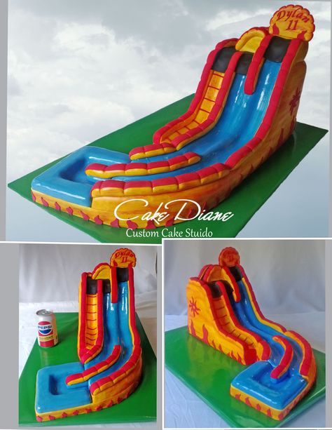 Water slide cake! Water Slide Birthday Cake, Water Park Cake, Water Slide Cake, Waterslide Cake, Water Park Birthday Party, Pool Cakes, Zoe Cake, Pool Party Cakes, Pool Cake